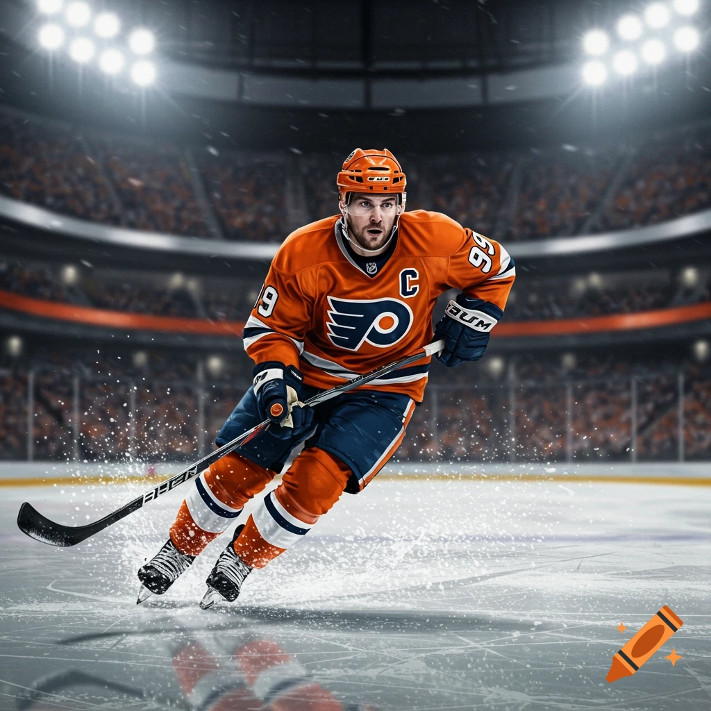 Photorealistic image of a hockey player in an orange jersey with 'C' and '99', skating on an ice rink in a stadium.