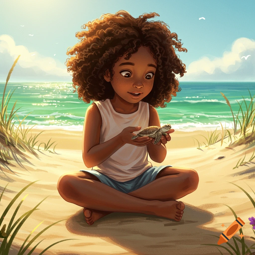 A young Black girl with curly hair sits on a sunny beach, gently holding a small sea turtle in her hands, with the ocean in the background. Digital illustration.