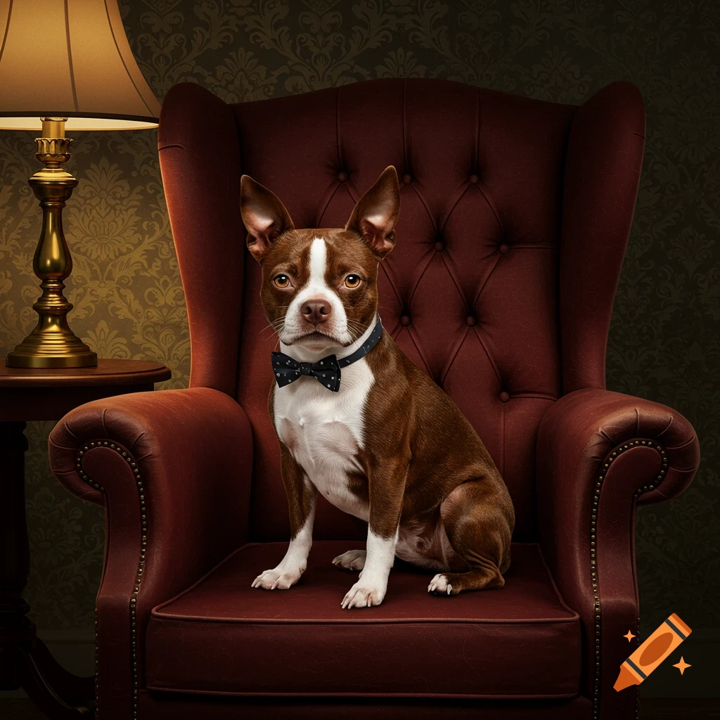 A dapper brown and white Boston Terrier with a black bow tie sits regally in a red leather armchair, next to a table with a lamp.