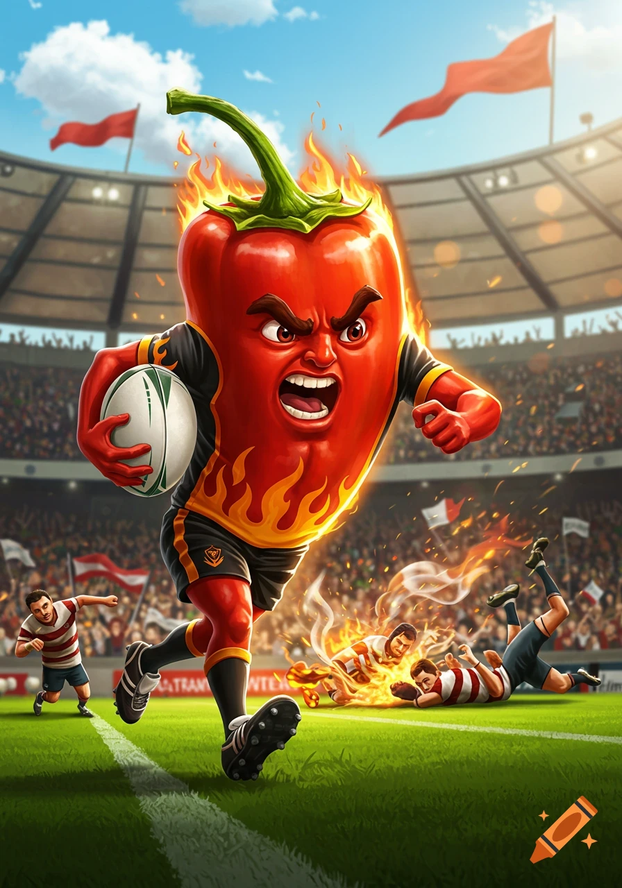 An angry, flaming red chili pepper in a rugby uniform runs with a ball across a stadium field, leaving a trail of fire and downed players.