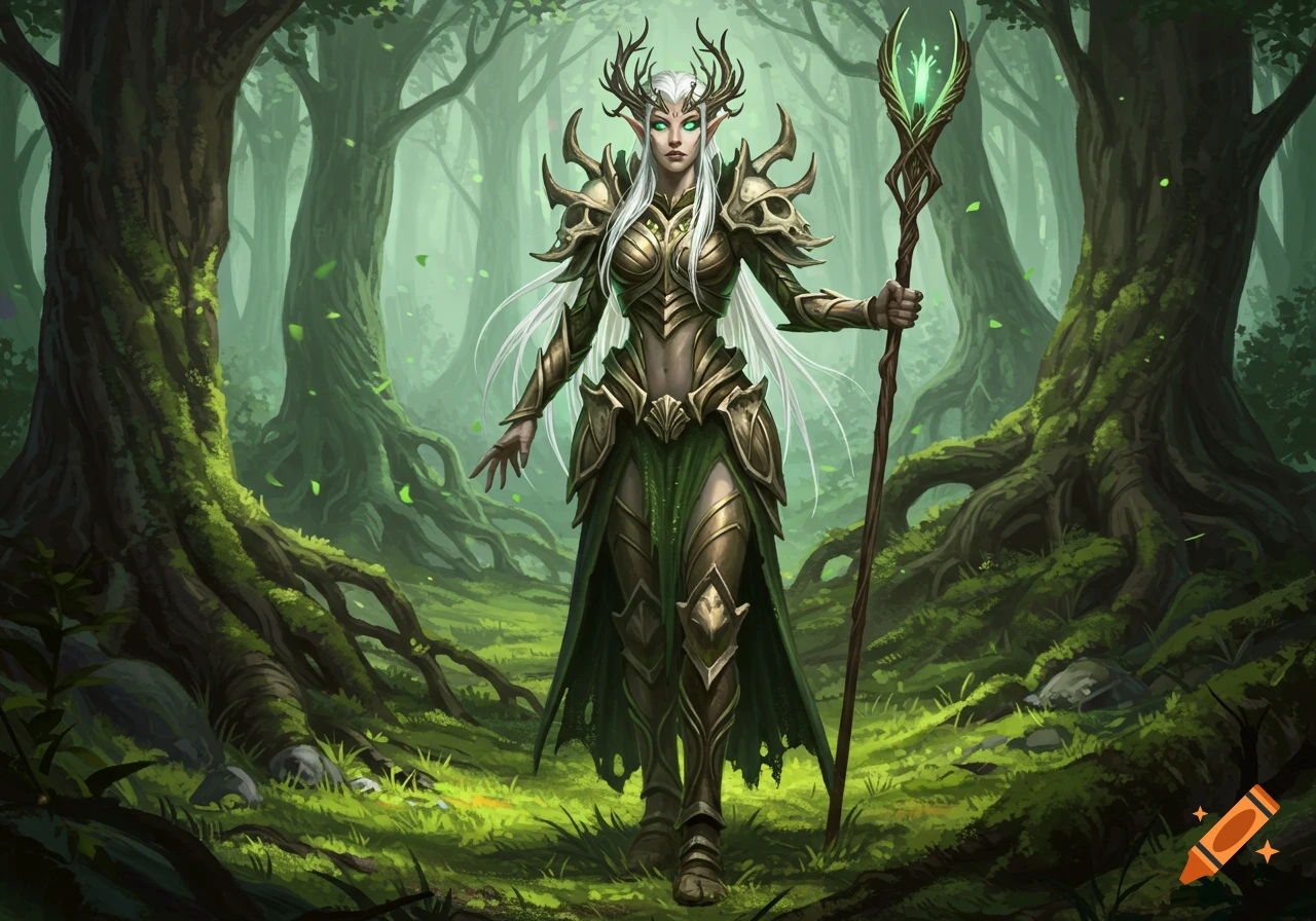 A fantasy illustration of an elven druid woman with white hair and antler horns, wearing bone armor, holding a glowing staff in a magical forest.