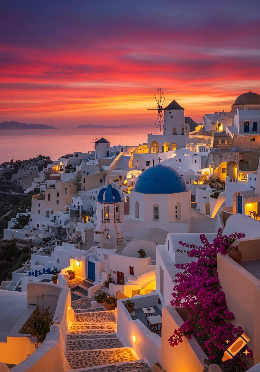 A scenic view of white buildings with blue domes on a cliff overlooking the sea during a vibrant sunset in Santorini.