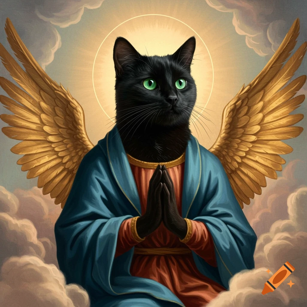 Renaissance painting of a black cat with green eyes, golden wings, and blue robes, paws together in prayer, amidst clouds with a halo.