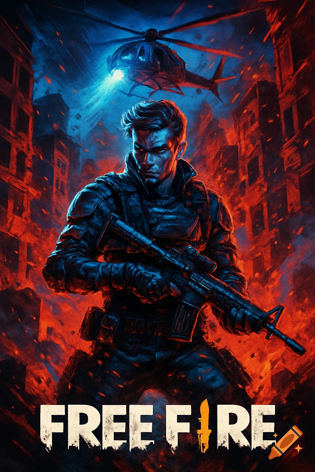 A man in tactical gear holding a rifle stands in a burning city with a helicopter overhead, dramatic red and blue lighting, with 'FREE FIRE' text at the bottom. Digital art style.