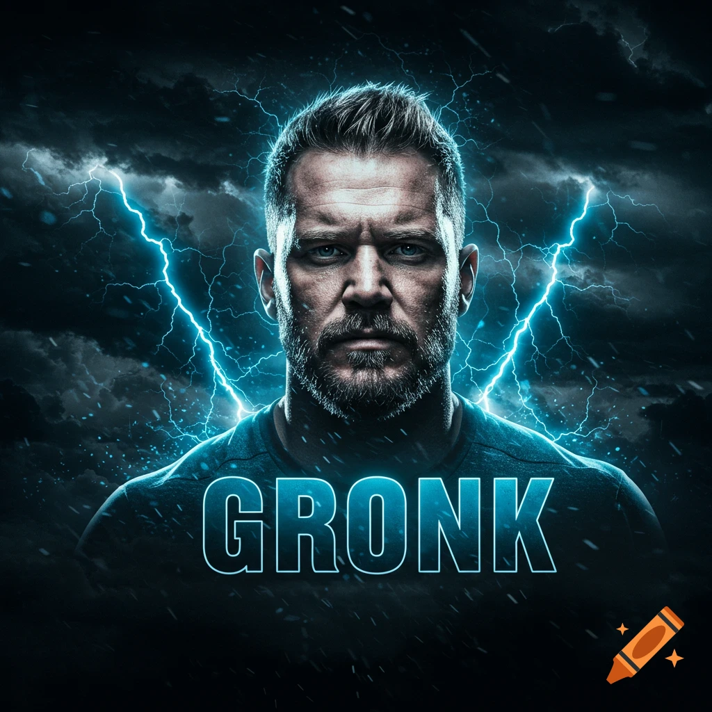 A dramatic portrait of a stern-faced man with a beard, surrounded by bright blue lightning against dark storm clouds, with the word GRONK below him.