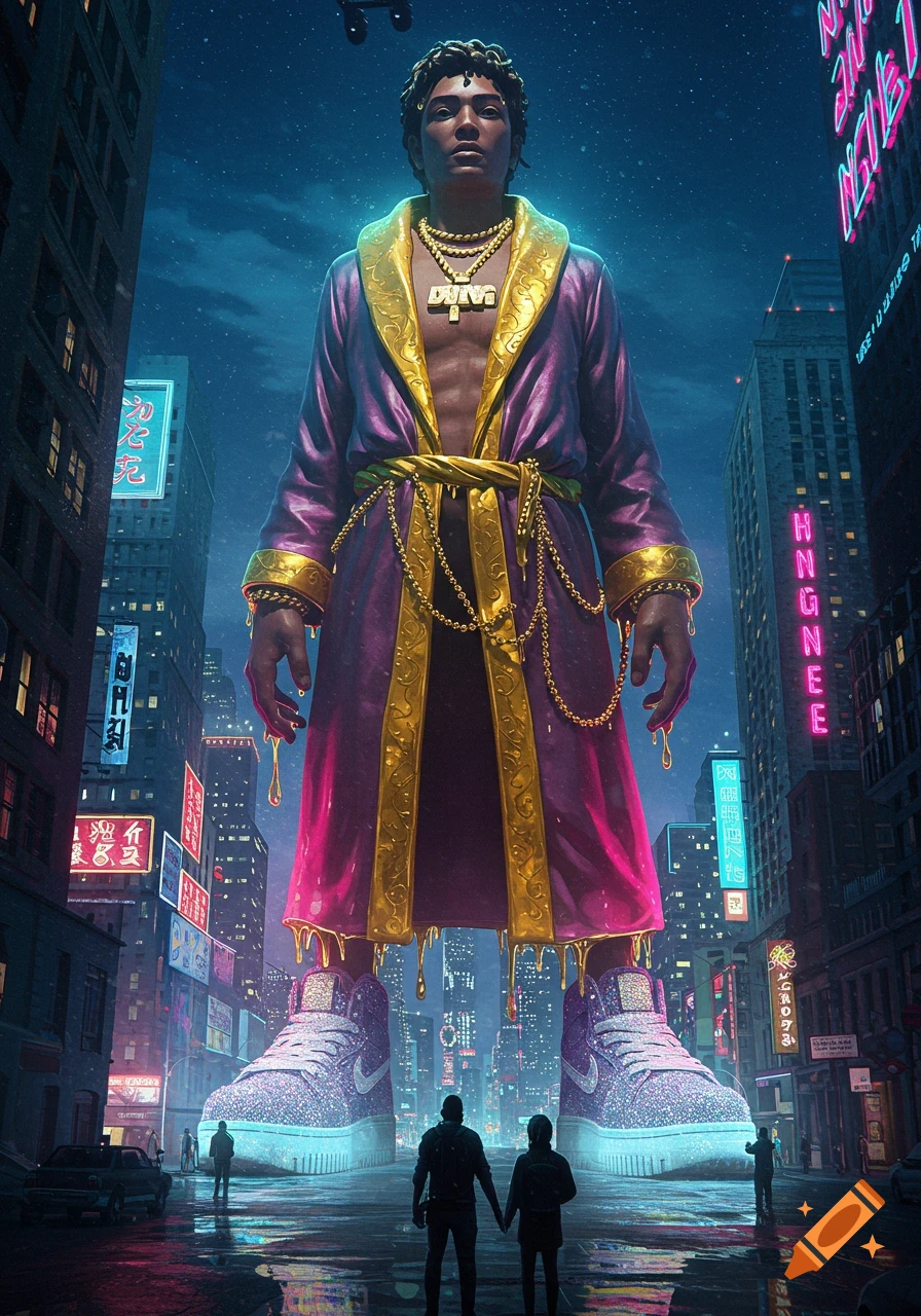 A giant man in a purple robe and sparkling shoes towers over a neon city street at night as two small figures look up.