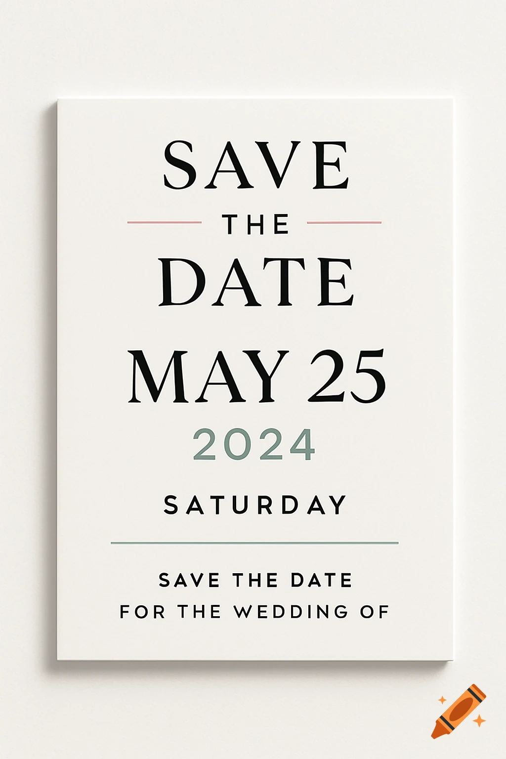 A simple 'Save the Date' card for a wedding on May 25, 2024, Saturday, with black and green text on a white background.