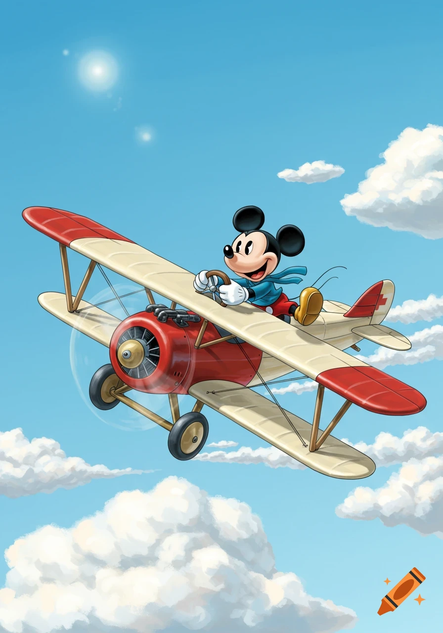 Mickey Mouse, in a blue pilot scarf, smiling and flying a red and beige biplane through a blue sky with white clouds.
