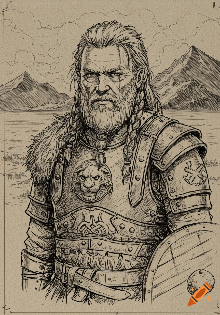 Sketch of a weathered Viking chieftain with braided hair and beard, wearing ornate armor with a lion emblem, holding a shield, against a mountainous landscape.