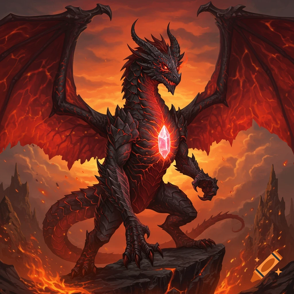 A majestic black and crimson dragon with glowing lava veins and a chest crystal stands on a fiery cliff under a sunset sky, epic fantasy art.