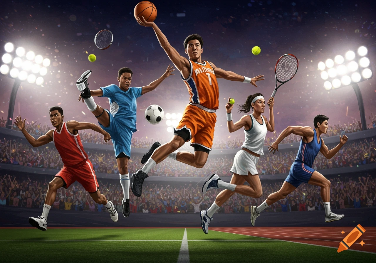 Diverse athletes in action: basketball, soccer, tennis, and running, in a dynamic stadium setting with bright lights, illustrated.