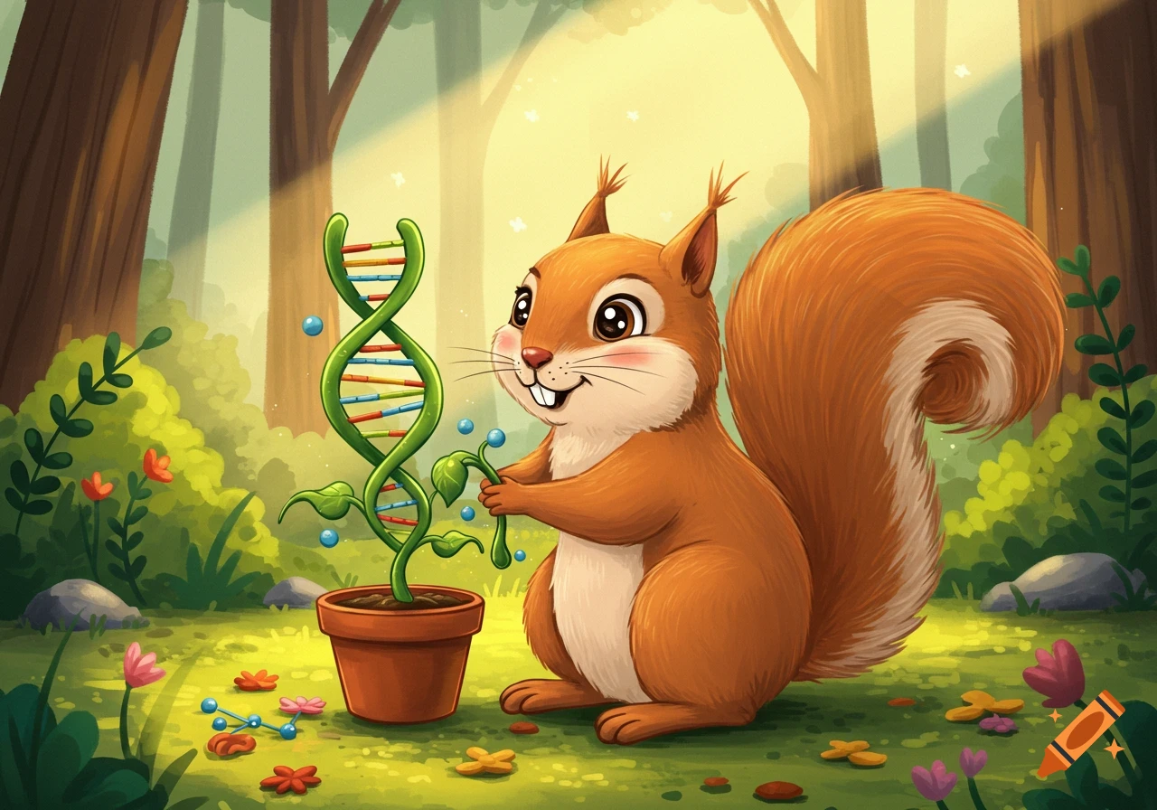A cute cartoon squirrel holds a small potted plant with a glowing DNA helix in a lush forest setting.