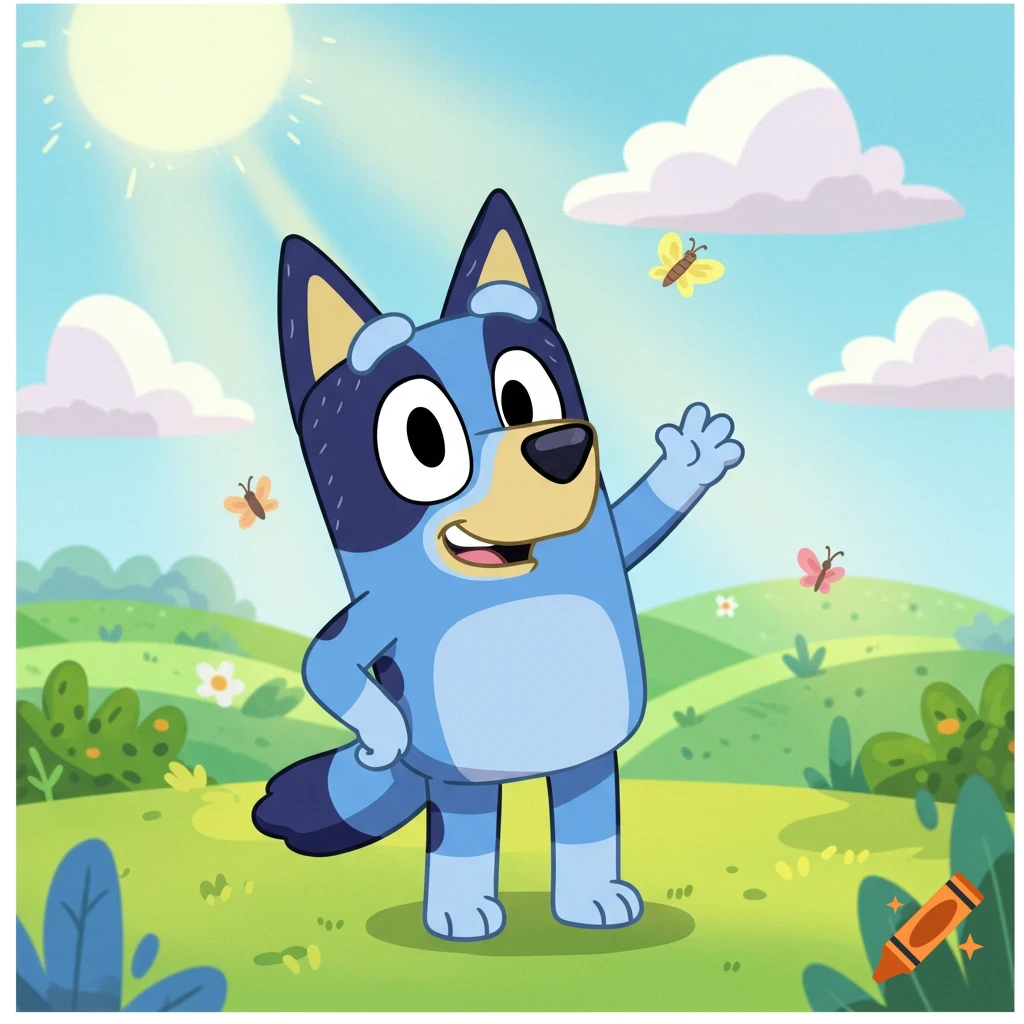 A blue cartoon dog resembling Bluey, standing in a sunny green field with butterflies, smiling and waving.
