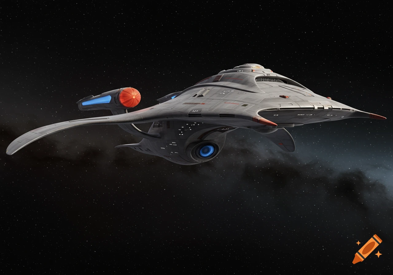 A grey, manta-ray shaped futuristic Star Trek inspired spacecraft with red and blue details, flying in dark space with stars.