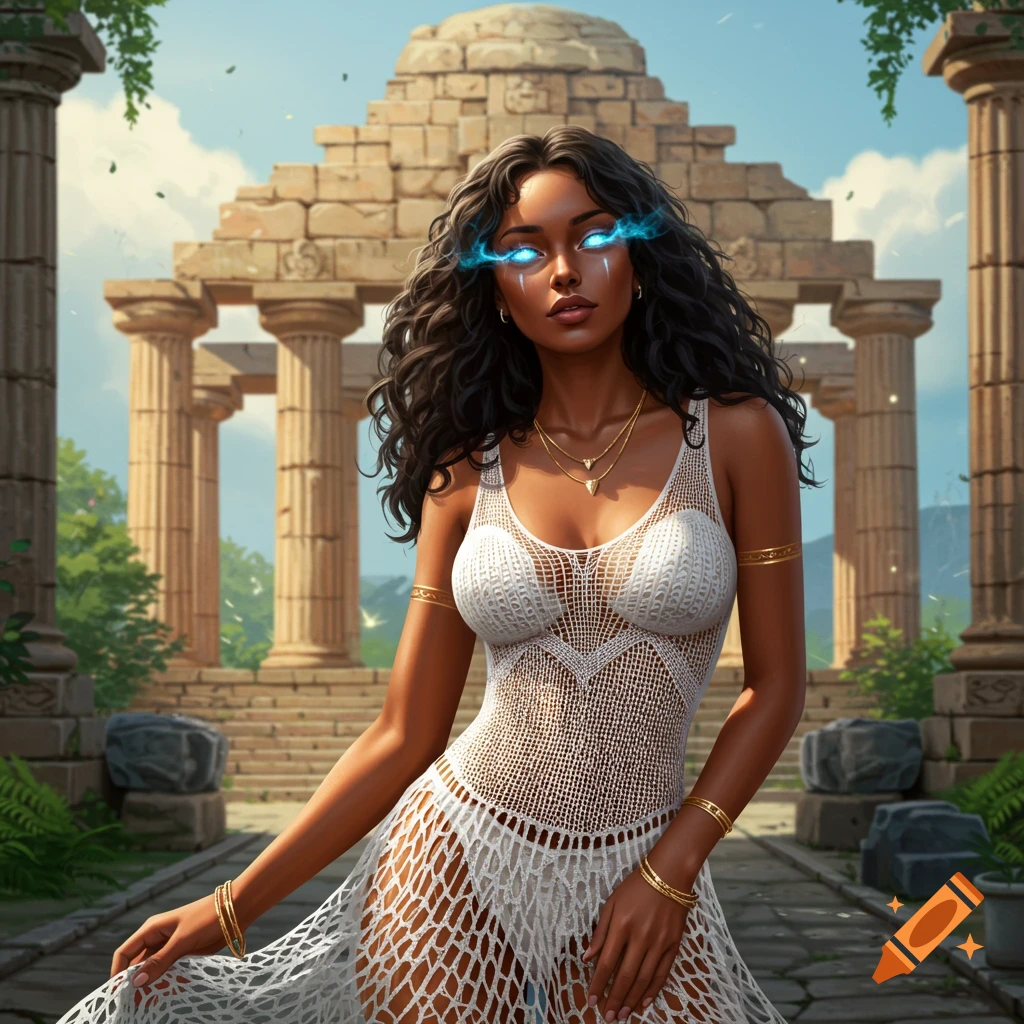 A high-definition fantasy woman with bronze skin, dark curly hair, and glowing blue eyes, wearing a white knitted gown and gold jewelry, stands before an ancient temple with pillars.