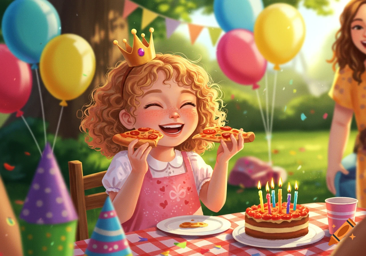 A joyful young girl wearing a crown and a pink apron, holding two slices of pizza, at a colorful outdoor birthday party with balloons and a cake.