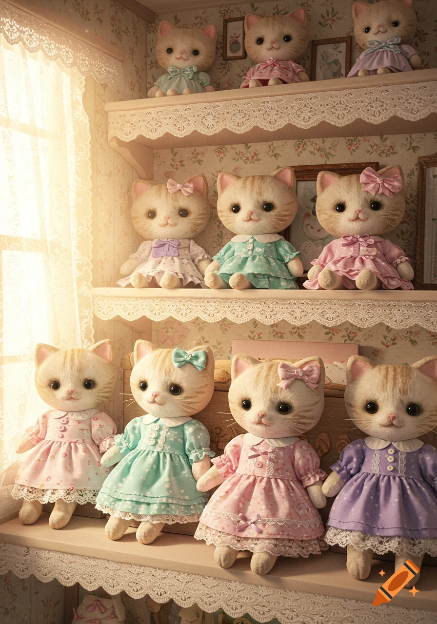 Numerous little kitty cat dolls wearing colorful dresses and bows displayed on lace-trimmed shelves in a cozy, sunlit room.