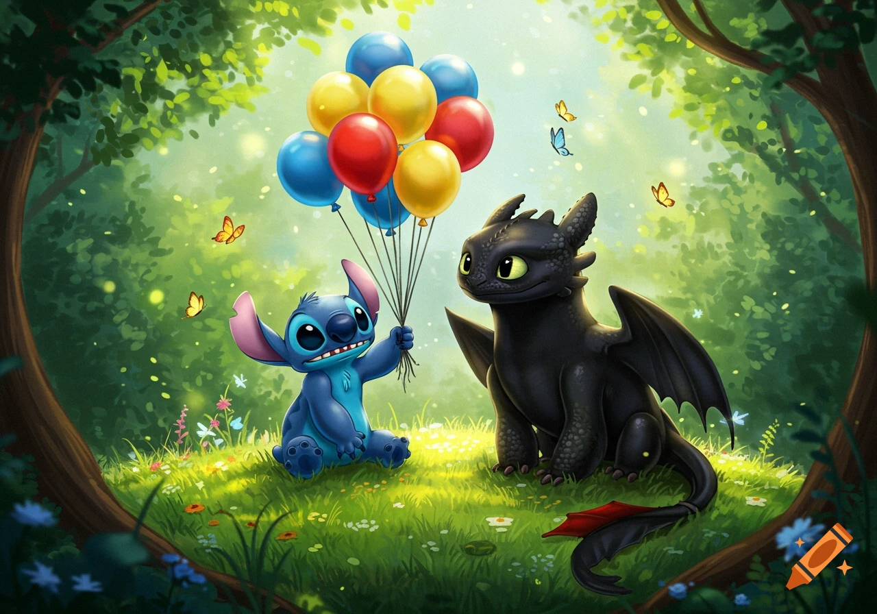 Stitch holds a bouquet of colorful balloons while sitting in a vibrant forest clearing with Toothless and butterflies.