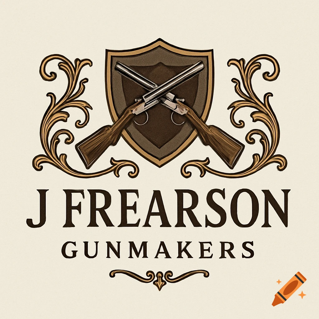 Vintage-style logo with crossed shotguns on a shield, surrounded by ornate gold scrollwork, with text 'J FREARSON GUNMAKERS'.