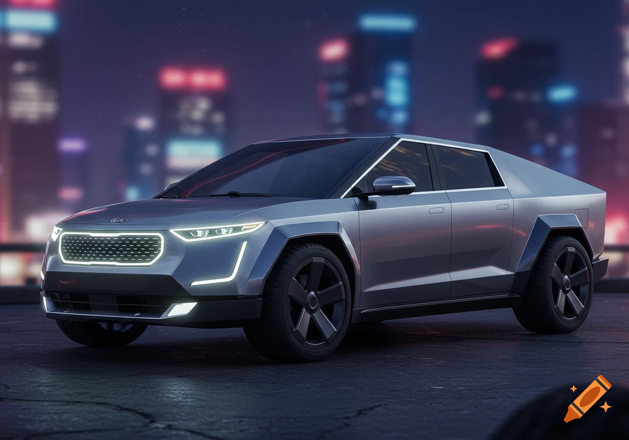 A futuristic, angular silver car with glowing headlights parked on a street at night, with blurred city lights in the background.