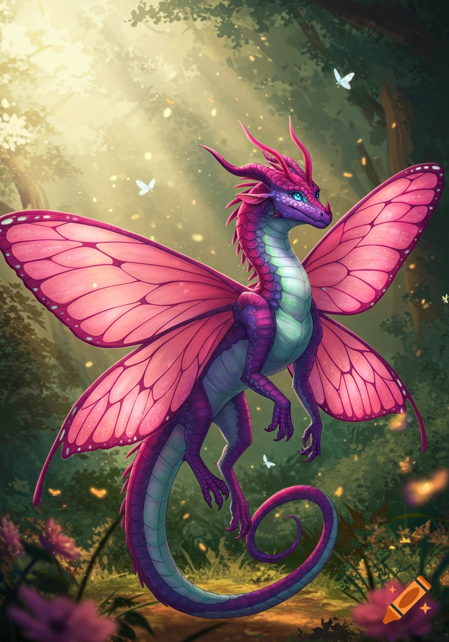 A vibrant purple and pink dragon with large butterfly wings stands in a sunlit forest with white butterflies.