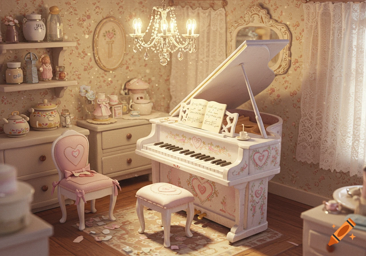 A cute, ornate white piano with pink heart decorations and sheet music, accompanied by a matching pink chair and stool, set in a cozy room with floral wallpaper and a chandelier.