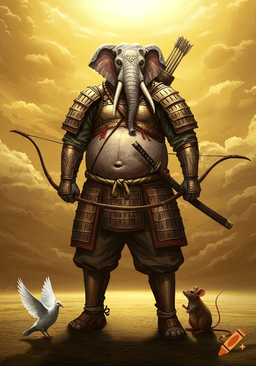 Elephant-headed warrior in samurai armor holding a bow, with a dove and mouse at his feet under a golden sky.