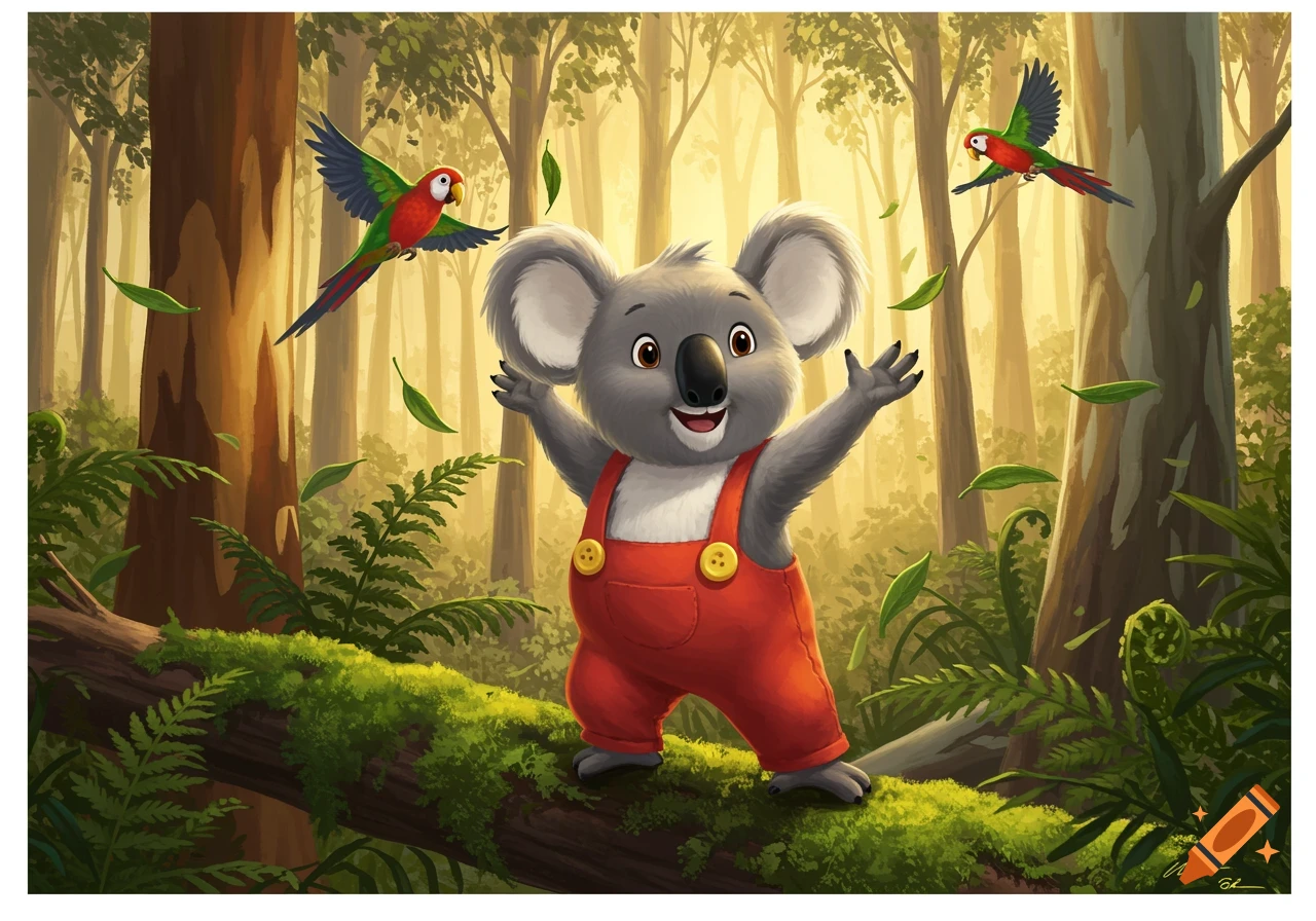 A happy cartoon koala in red overalls stands on a mossy log in a sunlit forest with parrots flying, illustrated.