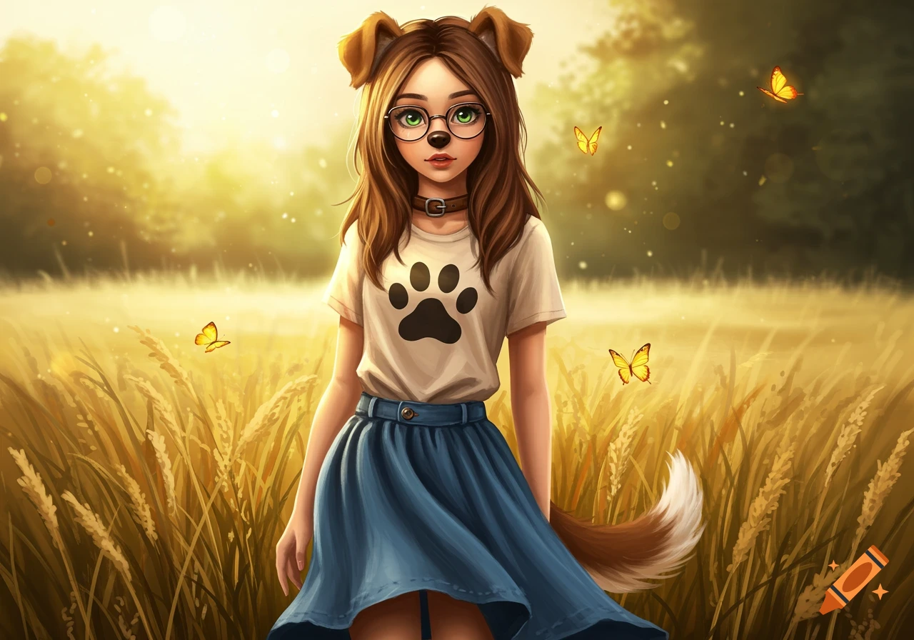 A stylized teenage girl with dog ears and tail, wearing glasses and a paw print t-shirt, stands in a golden field with butterflies.
