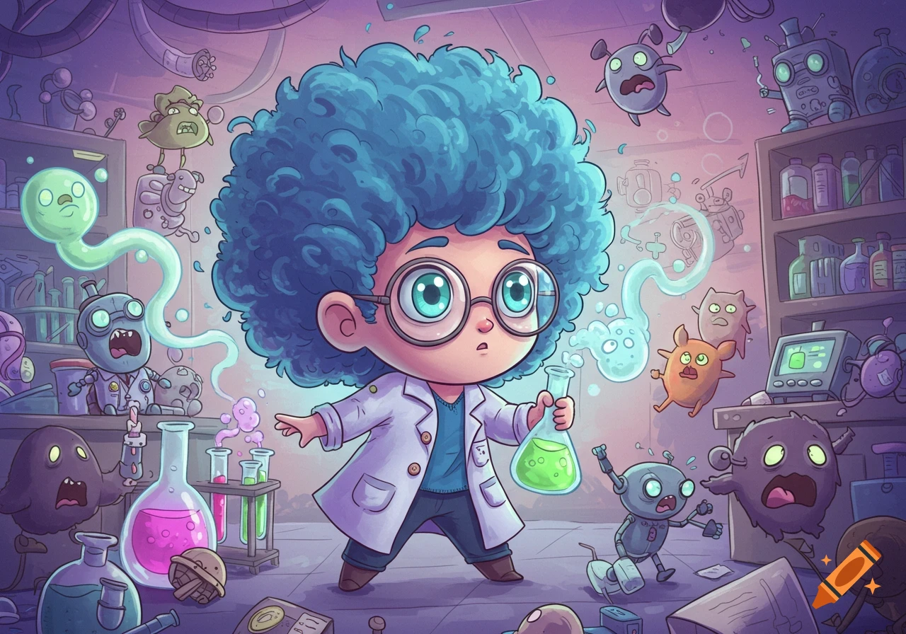 A cartoon of a cute scientist with big blue hair and glasses, holding a beaker, surrounded by many small, fearful, colorful monsters in a laboratory.
