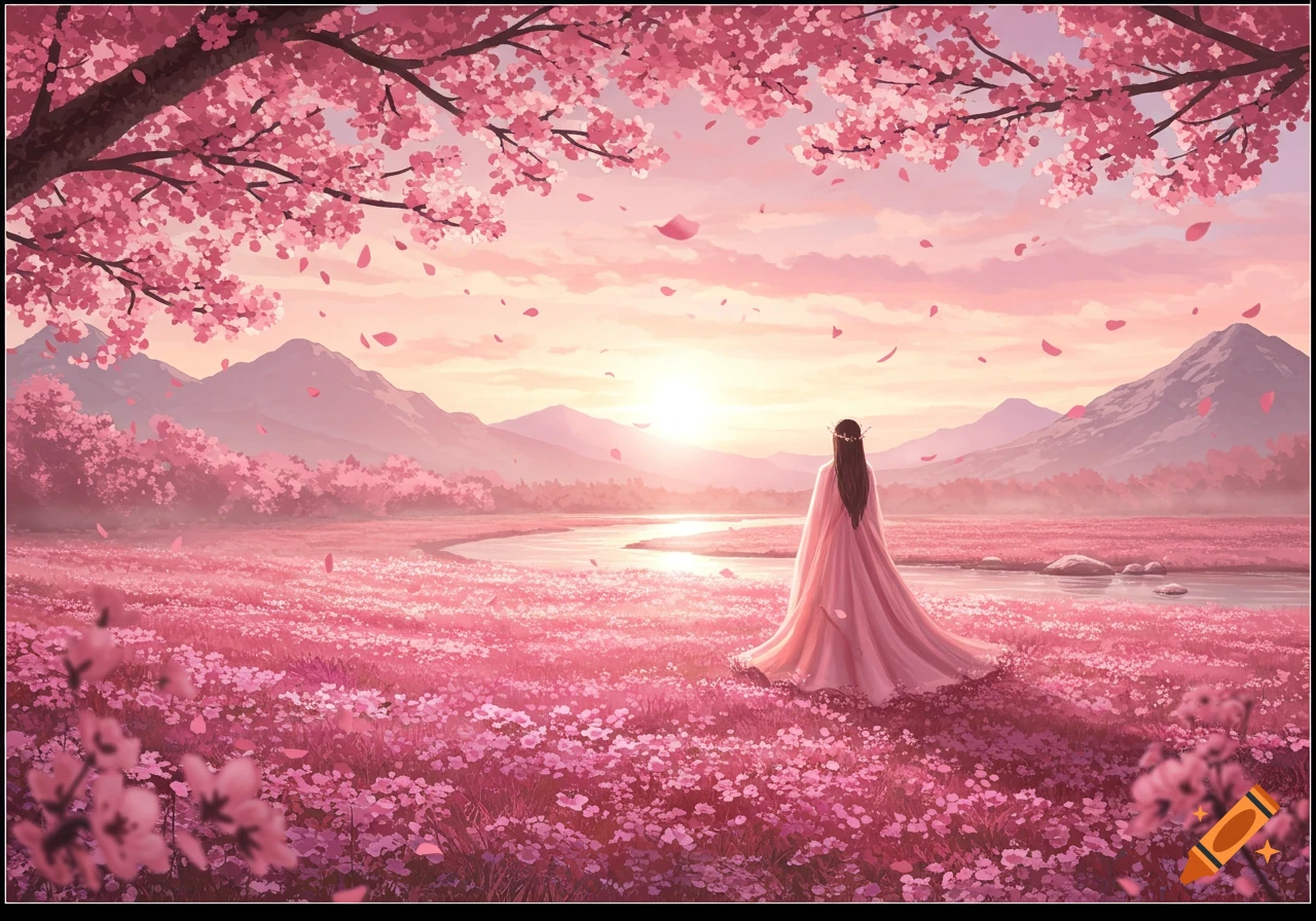 Anime-style landscape of a woman in pink dress amidst a vast field of pink flowers and cherry blossoms at sunset.
