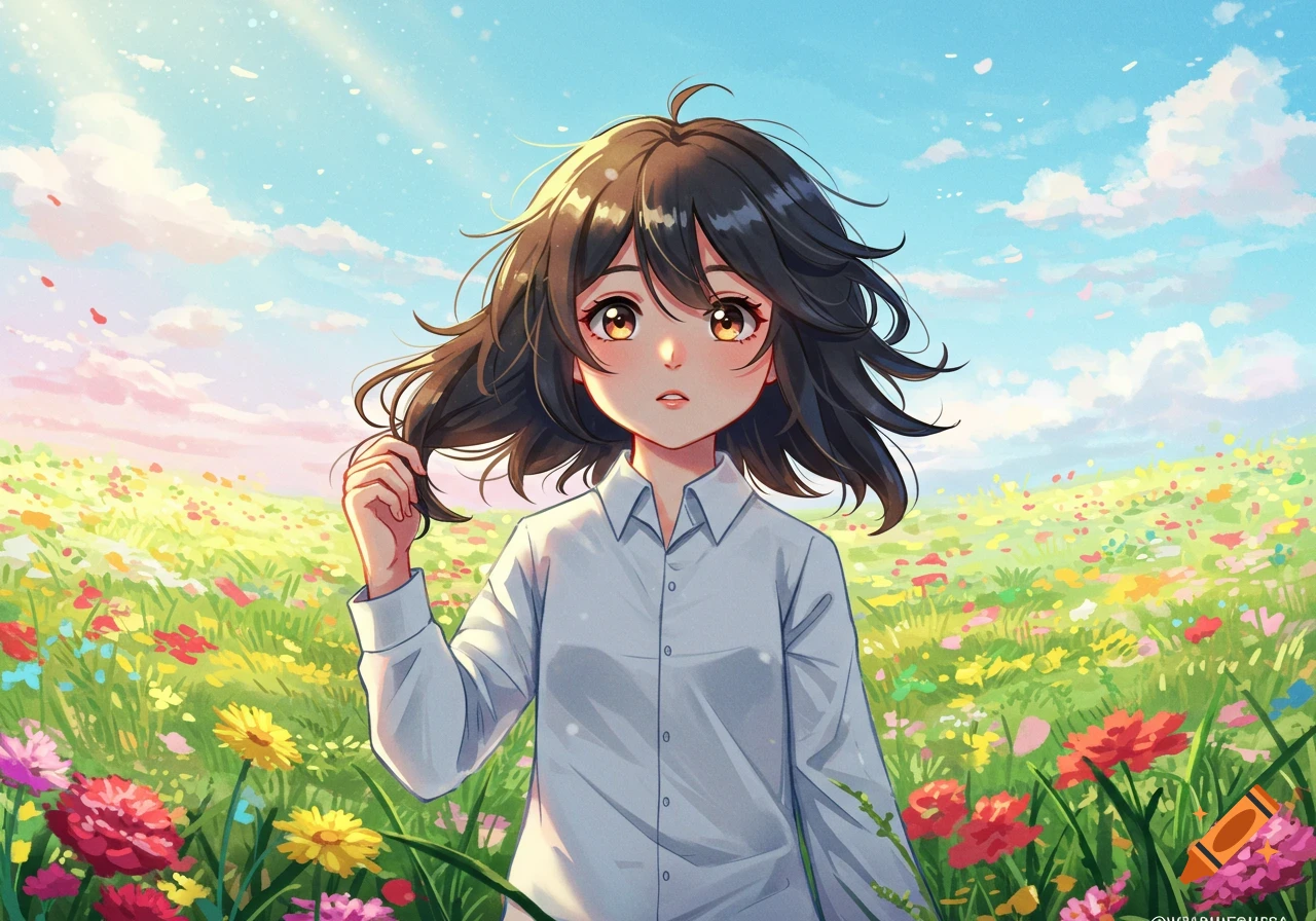 An anime style drawing of a girl with dark, wavy hair and amber eyes, wearing a white shirt, standing in a vibrant field of colorful flowers under a sunny, blue sky.