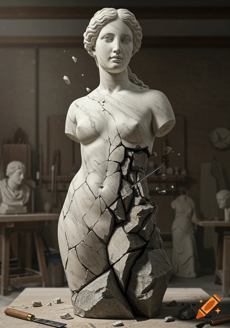 Photorealistic classical marble statue of a woman, partially carved from rough stone, in a sculptor's workshop.