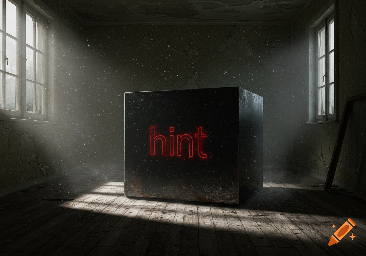 A dark, dusty room with light rays illuminating a large black box with the word 'hint' glowing in red on its side. Realistic 3D render.