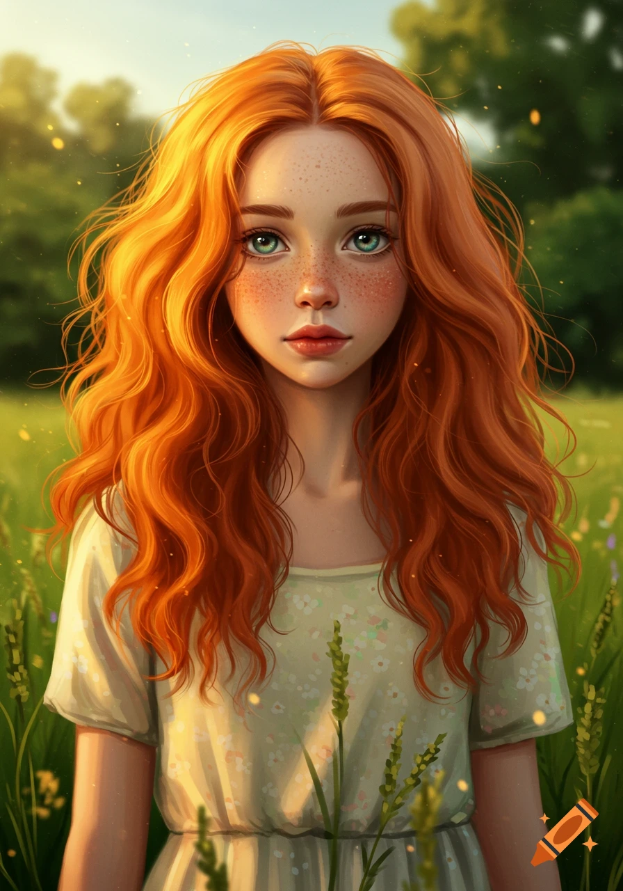 A close-up portrait of a young woman with long, curly red hair, freckles, and blue-green eyes, standing in a sunny green field.