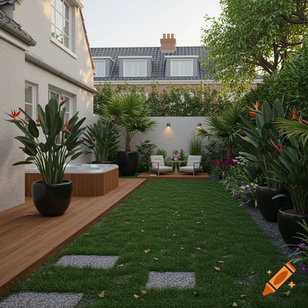 A modern backyard with a hot tub on a wooden deck, a green lawn, and lush tropical plants.
