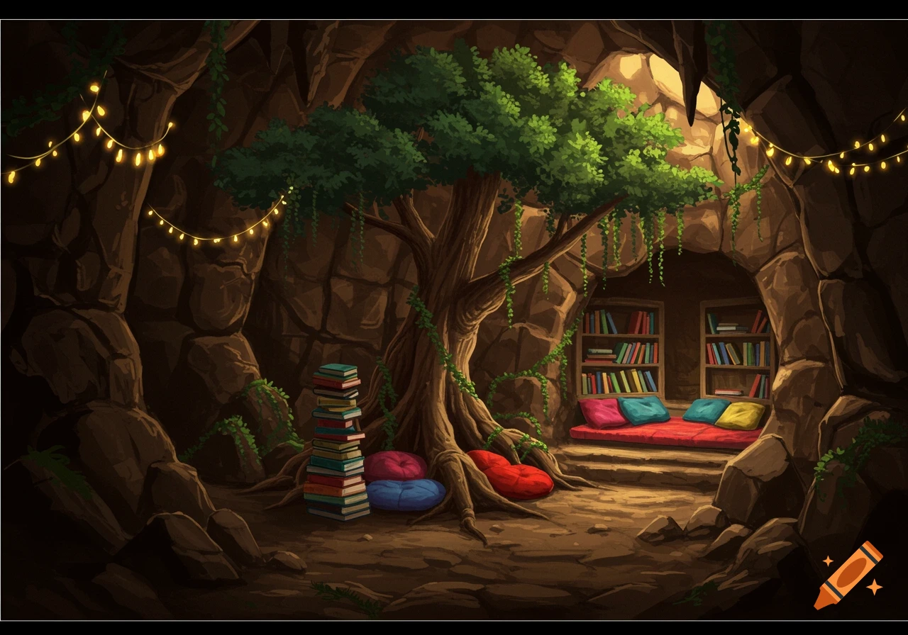 A cozy, fantasy cave interior with a large tree, bookshelves filled with books, colorful cushions, and fairy lights.