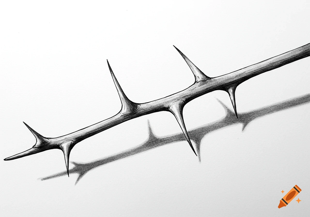 A black and white drawing of a thorn on a branch casting a shadow.