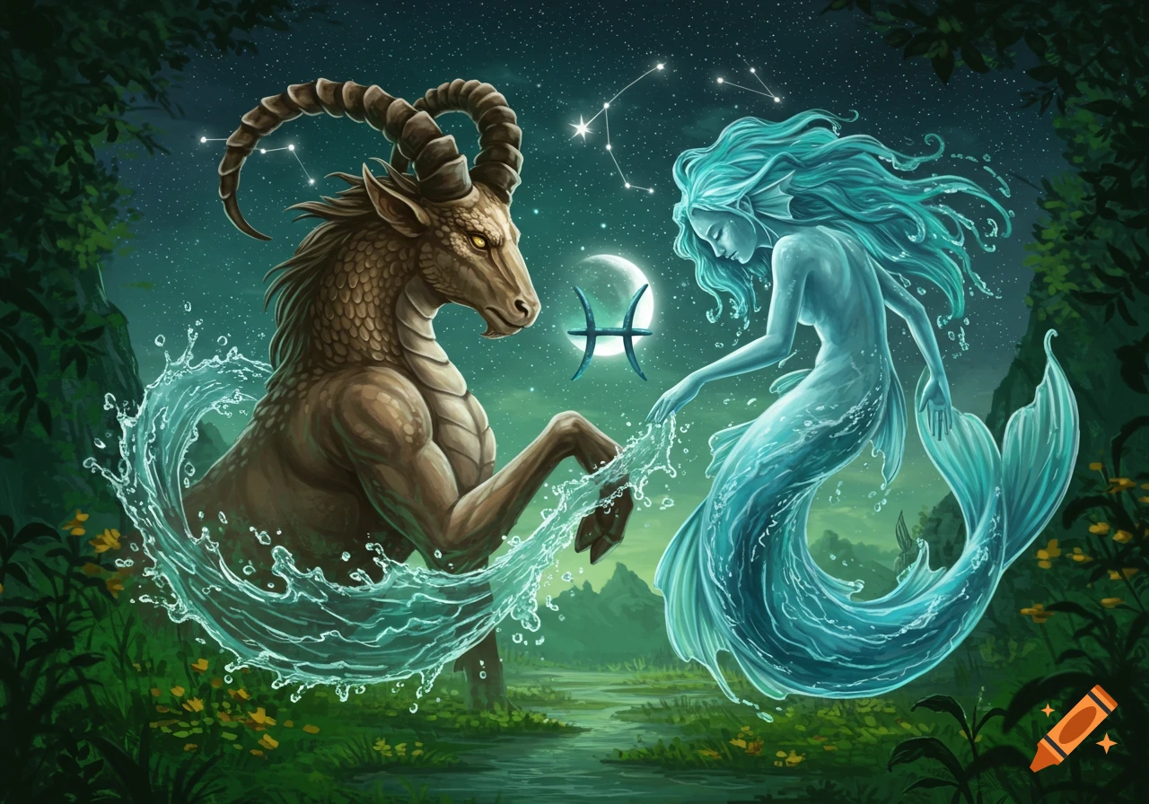 A mystical illustration of a Capricorn sea-goat and a mermaid (Pisces) exchanging water under a starry night sky with the Pisces symbol.