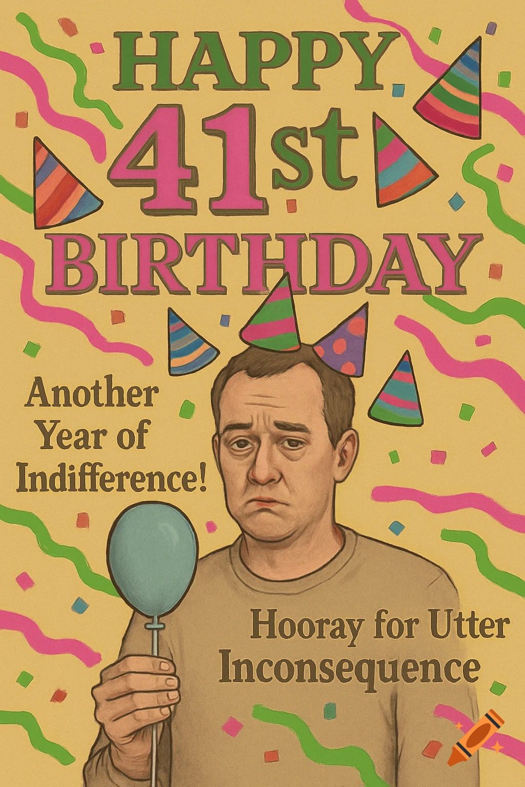 A sad-looking man with party hats floating around his head holds a blue balloon on a birthday card with sarcastic text.