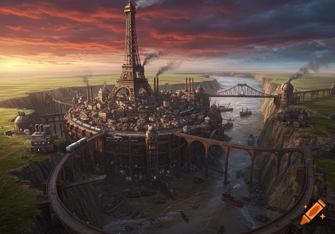 A surreal, detailed aerial view of a sprawling steampunk city with a colossal Eiffel Tower, built into a deep gorge with rivers and bridges under a dramatic sky.
