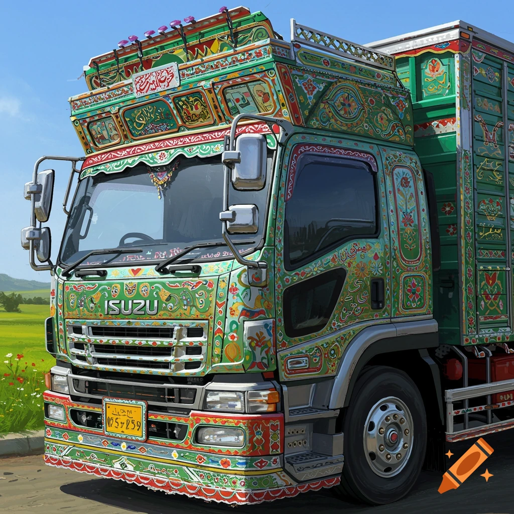 Close-up of a vibrant green Pakistani Isuzu truck adorned with colorful, intricate folk art patterns and Arabic calligraphy.