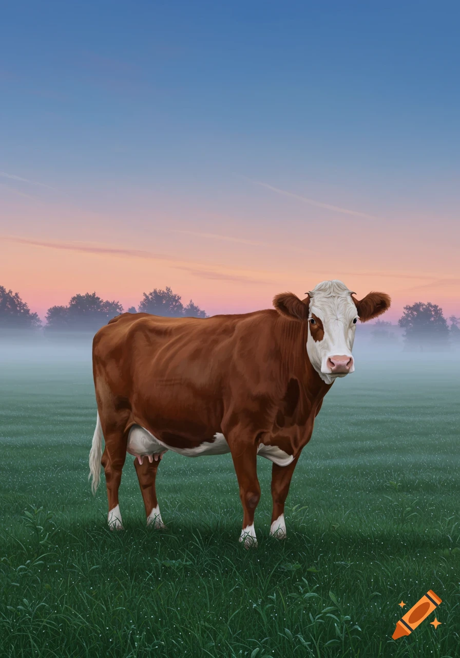 A brown and white cow stands in a green field with a misty horizon under a pastel sky.
