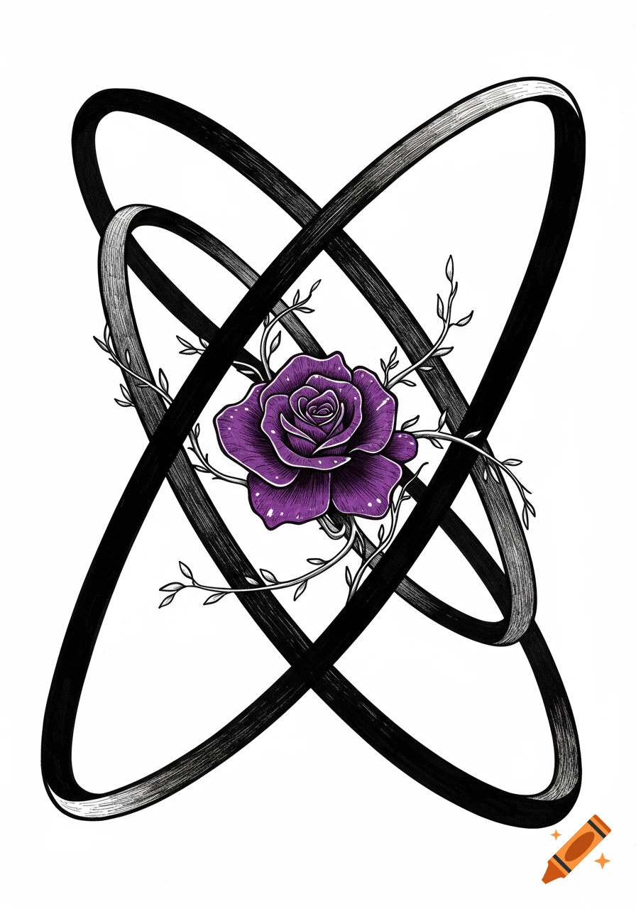 A vibrant purple rose at the center of several intertwined black rings and delicate vines, on a white background, in a detailed ink drawing style.