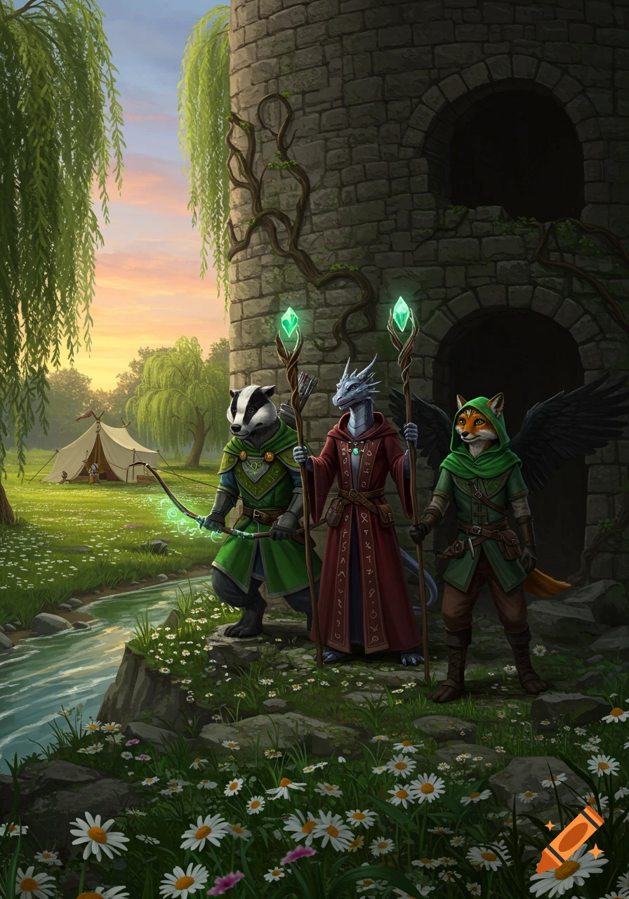 A badger, dragon-person, and fox-person in fantasy attire stand by a river next to a ruined stone tower at sunset, with a tent in a grassy meadow.