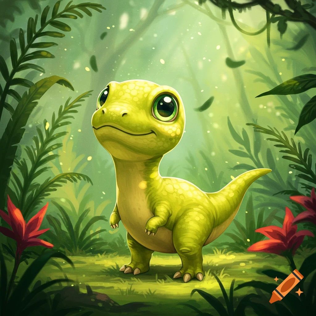 A cute, bright green baby dinosaur with big eyes smiles in a lush green jungle, with red flowers in the foreground.