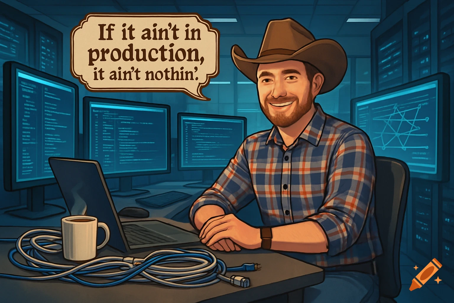 A smiling man in a cowboy hat and plaid shirt at a desk with computers, speaking 'If it ain't in production, it ain't nothin.' in a cartoon style.
