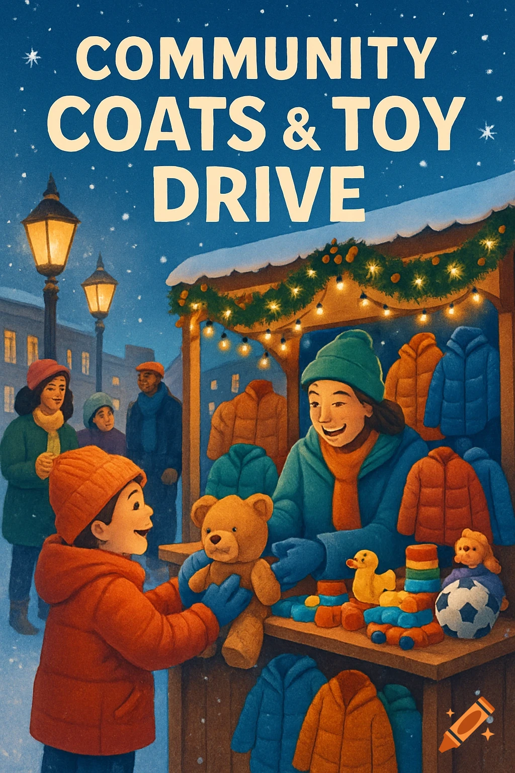 Illustration of a snowy community coats and toy drive, with people exchanging coats and toys at an outdoor market stall.