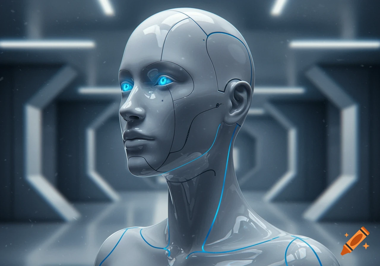 Close-up of a human-like robot with glowing blue eyes and a smooth, silver polymer skin in a futuristic setting.