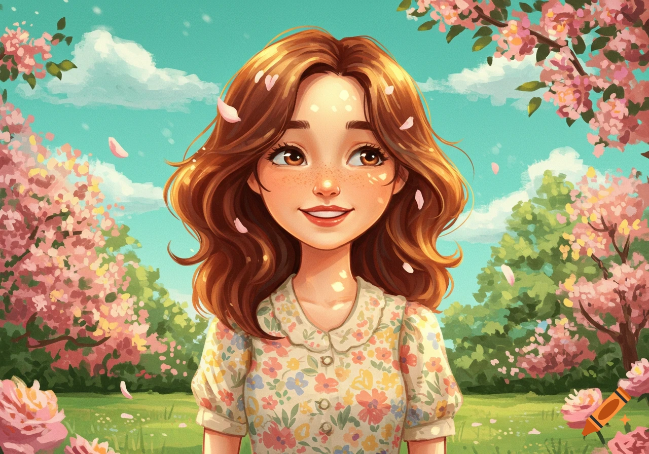 A smiling cartoon woman with brown hair and freckles stands in a bright, flower-filled spring garden with falling pink petals under a blue sky.